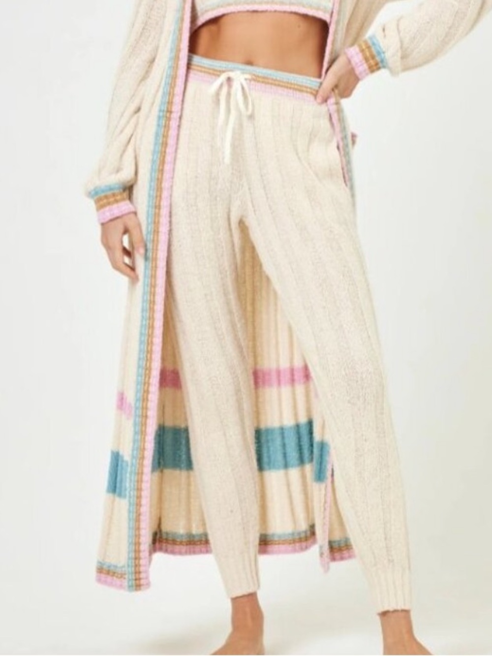 l*space Cream Ribbed Knit Lounge Pants with Pastel Stripe Waistband Size M NWT